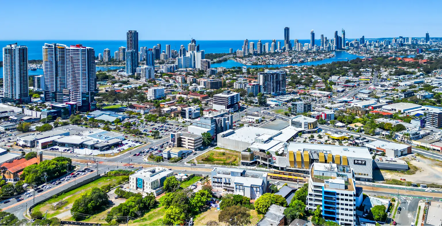 Aerial View of Nerang Road, Gold Coast and City Skyline